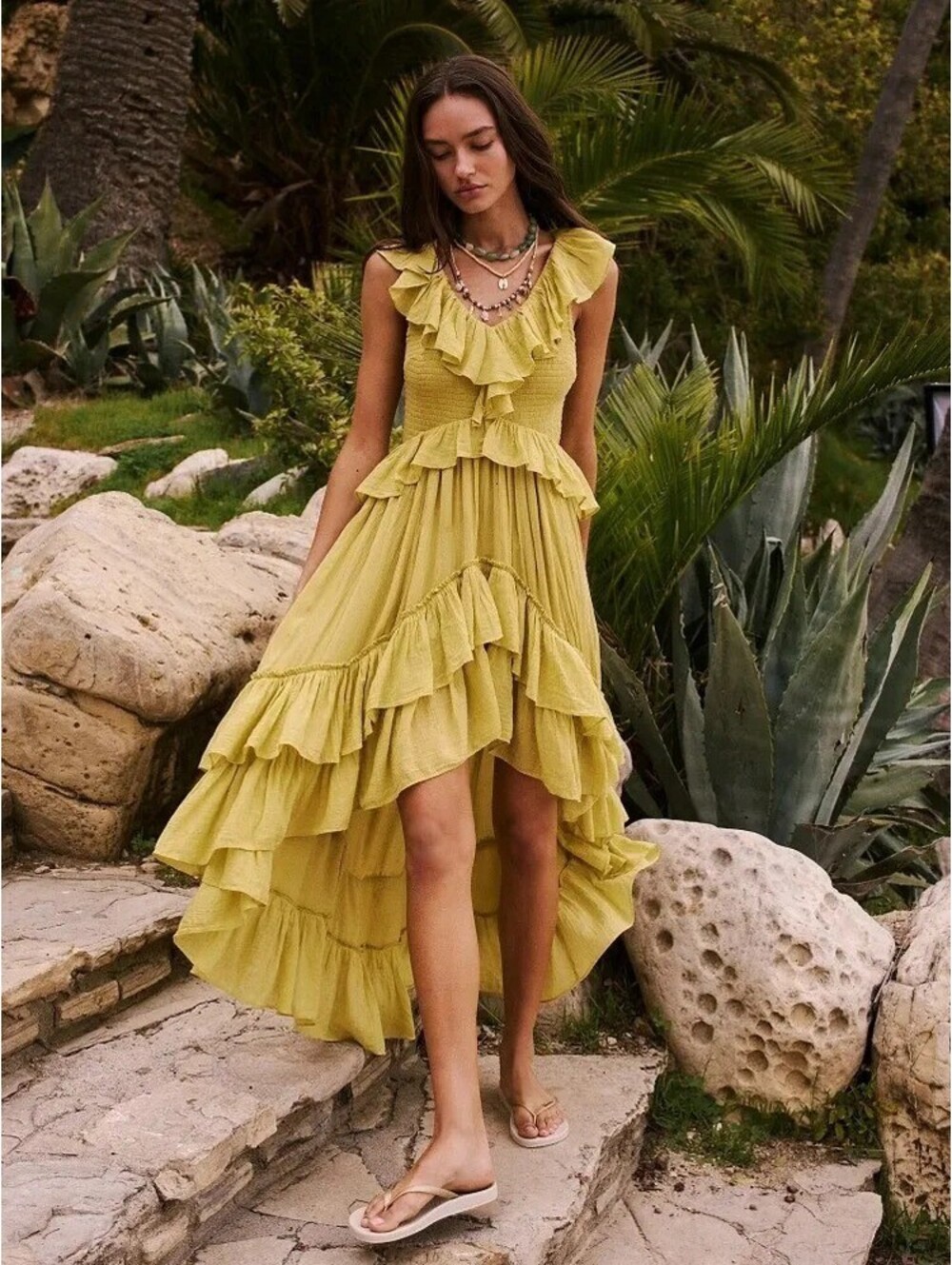 Free-est (Free People) Chartreuse Ruffle Smocked High-Low Maxi Dress | Size XS